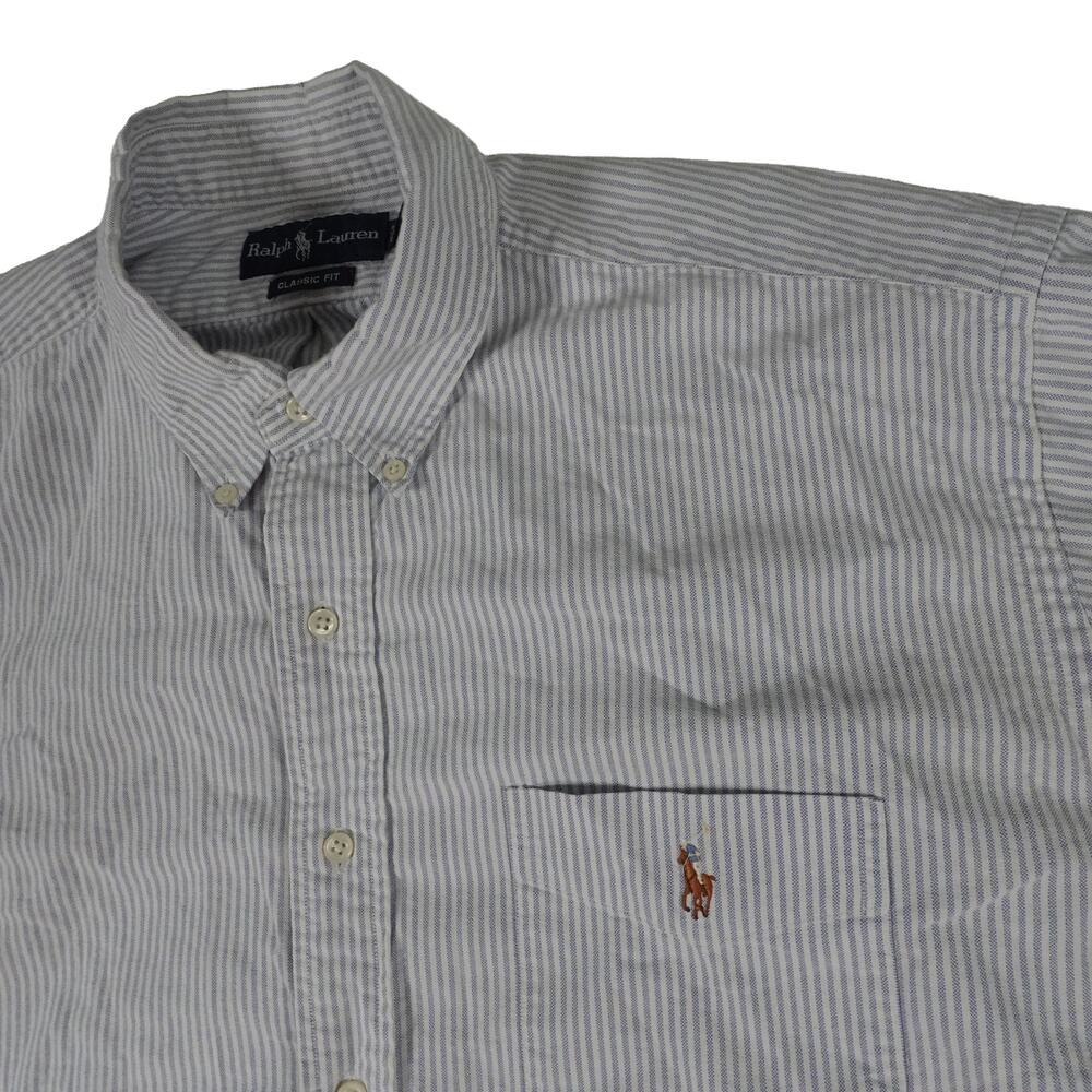 Ralph Lauren Vintage Flesh Pony Oxford Blue Striped Button Up Shirt Men's XXL